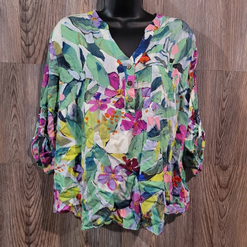 Claire Desjardins Abstract Floral Blouse Size XL V-Neck Roll Tab Slv Art to Wear